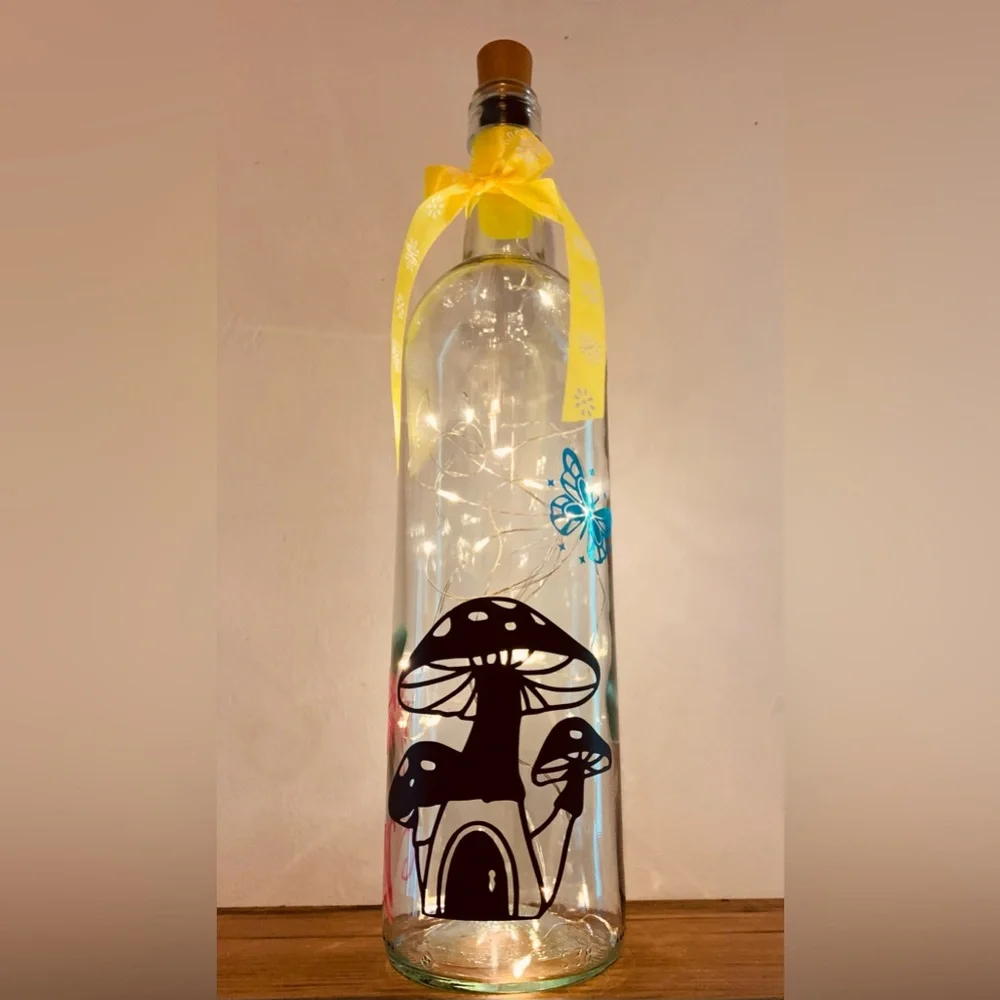Fairy mushroom house wine bottle lantern